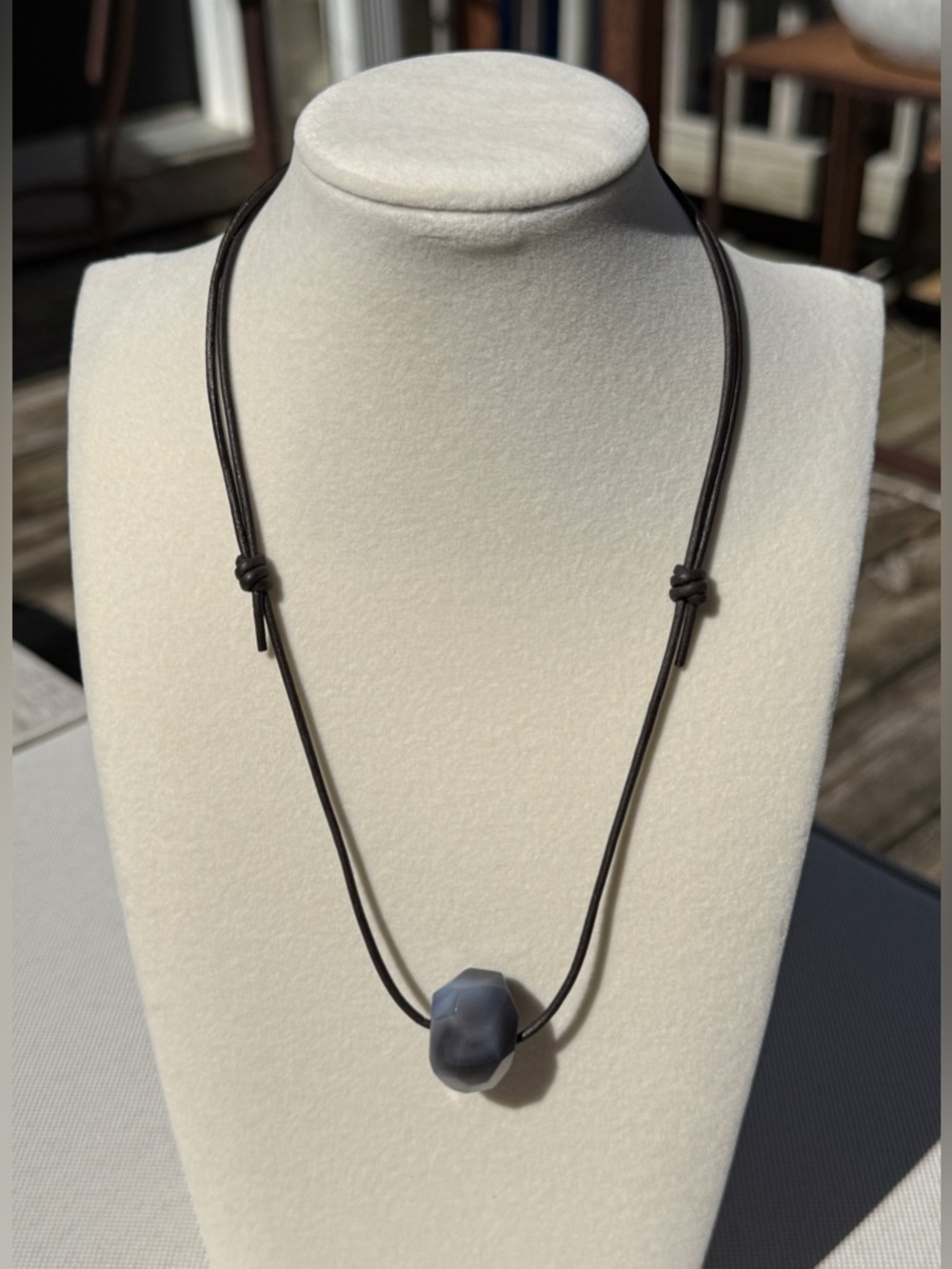 Minimalist Gray Agate Pendant Necklace on Adjustable Brown Cord